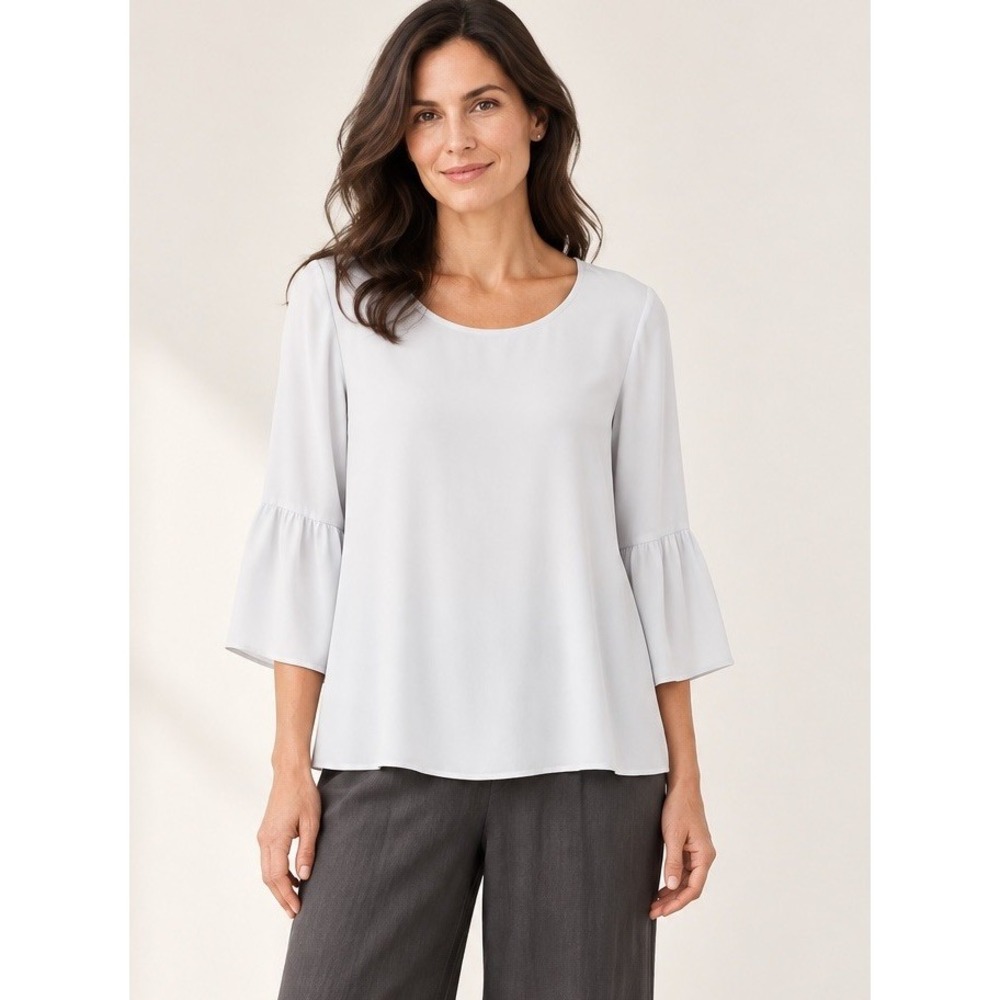 Eileen Fisher Gray Silk Georgette Tunic Blouse Top 3/4 Ruffle Bell Sleeve Medium